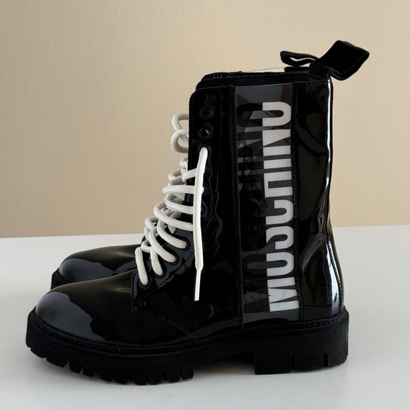 MOSCHINO Combat Lace Up Boots Logo Synthetic Patent Leather NEW Size 36 EU NEW - Picture 3 of 11